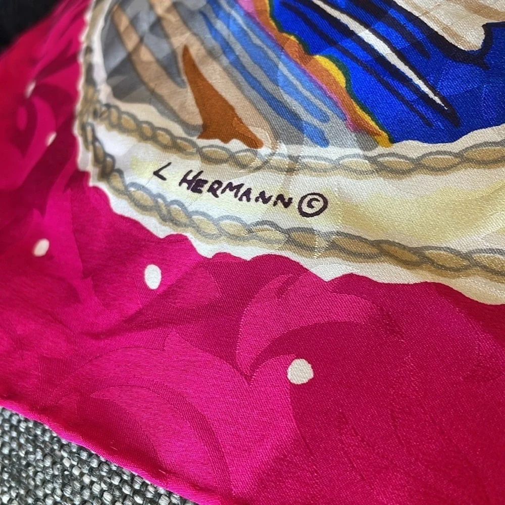 Vintage L Hermann Western Themed Silk Scarf - Pink and Cream